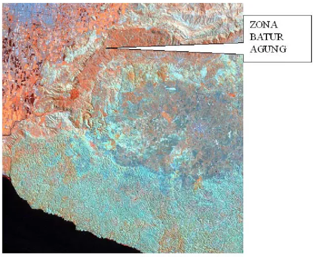 Gambar 2. Bentanglahan Struktural – Denudasional Zona Batur Agung Citra Landsat ETM + Komposit 457