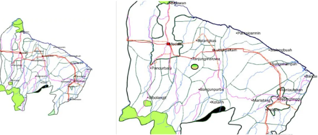 Gambar 1.  Peta Tanjung Morawa &amp; sebaran lempung Tanjung Morawa (warna hijau). 