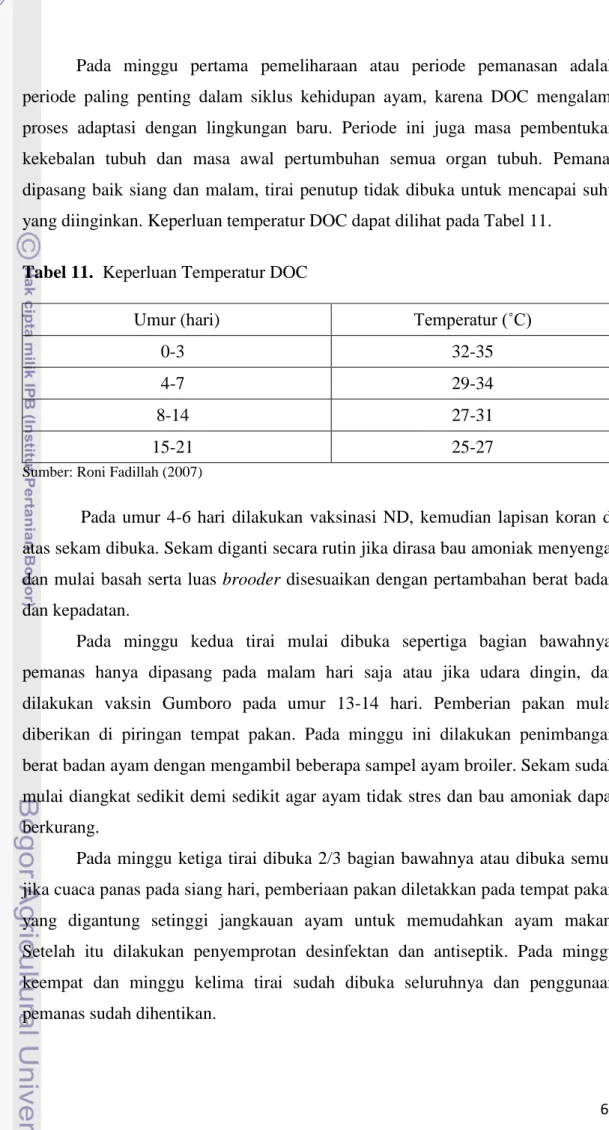 Tabel 11.  Keperluan Temperatur DOC 