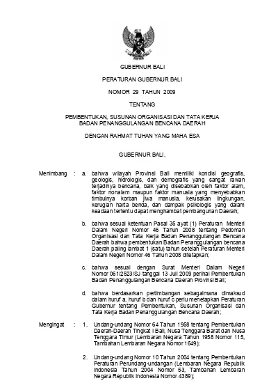 GUBERNUR BALI PERATURAN GUBERNUR BALI NOMOR 29 TAHUN 2009 TENTANG ...