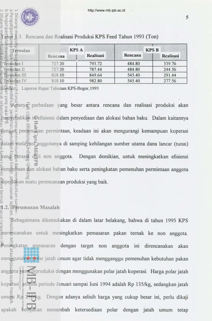 Tabel 1.3. Rencana dan Realisasi Produksi KPS Feed Tahun 1993 (Ton) Triwulan I Triwulan II Triwulan III Triwulan IV 727.20 787.44 484.80 ~44.56818.10849.64545.40291.44818.10982.80545.40277.56