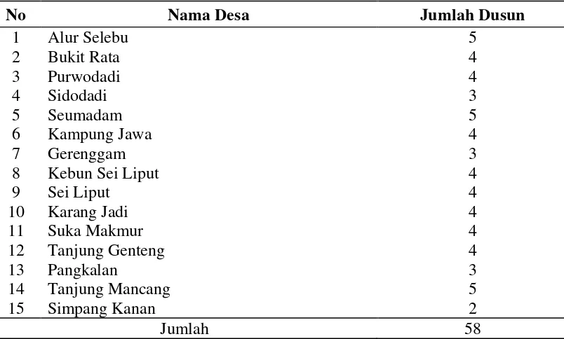 Tabel 4.1.  Nama Desa dan Jumlah Dusun di Wilayah Kerja Puskesmas Kejuruan Muda Kabupaten Aceh Tamiang Tahun 2013 