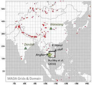 Gambar 2 . Lokasi pengambilan data proxy milenium terakhir di Asia (titik merah jaringan cincin pohon MADA, segitiga hijau data speleothem, dan bintang hijau 