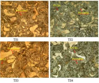 Gambar 4.1 Foto Struktur Mikro Pada Surface Hasil Lapisan  Stainless Steel 316 pada Arus(TS1) 130 A, (TS2) 140 A, (TS3) 