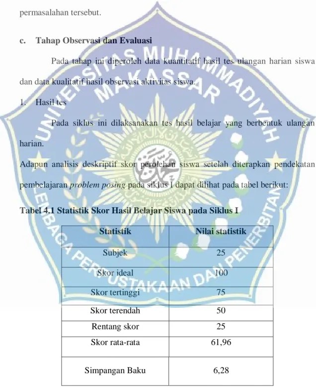 Tabel 4.1 Statistik Skor Hasil Belajar Siswa pada Siklus I  Statistik  Nilai statistik 