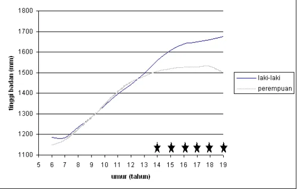 Grafik 1. Berat badan laki-laki dan perempuan Jawa. Tanda bintang menunjukkanumur di mana terjadi perbedaan yang bermakna ( � 0.05).Perbedaan rata-rata berat badan antara laki-laki dan perempuan itu tidak signifikan