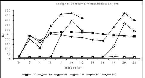 Gambar 2.  Respon antibodi kuning telur ayam yang diimunisasi antigen sel utuh dan yang tidak terhadap  antigen endapan supernatan ekstrasonikasi (ES) 