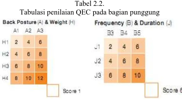 Tabel 2.2. Tabulasi penilaian QEC pada bagian punggung 