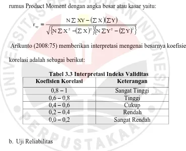 Tabel 3.3 Interpretasi Indeks Validitas Koefisien Korelasi Keterangan 