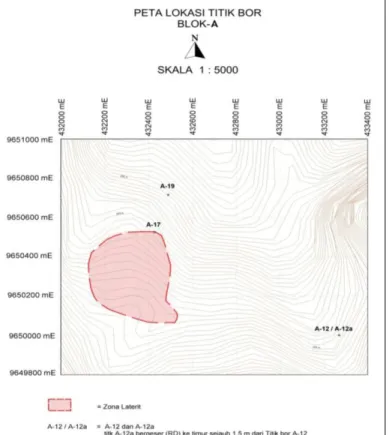 Gambar 12. Peta lokasi titik bor blok A yang juga menunjukan zona laterit 
