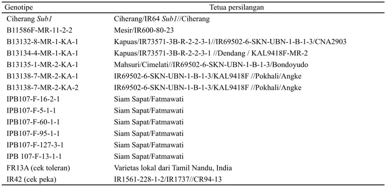 Tabel 1. Materi genetik yang digunakan dalam uji cepat tanaman padi terhadap cekaman rendaman, K.P