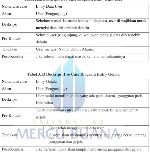 Tabel 3.12 Deskripsi Use Case Diagram Entry Data User  Nama Use case  Entry Data User 