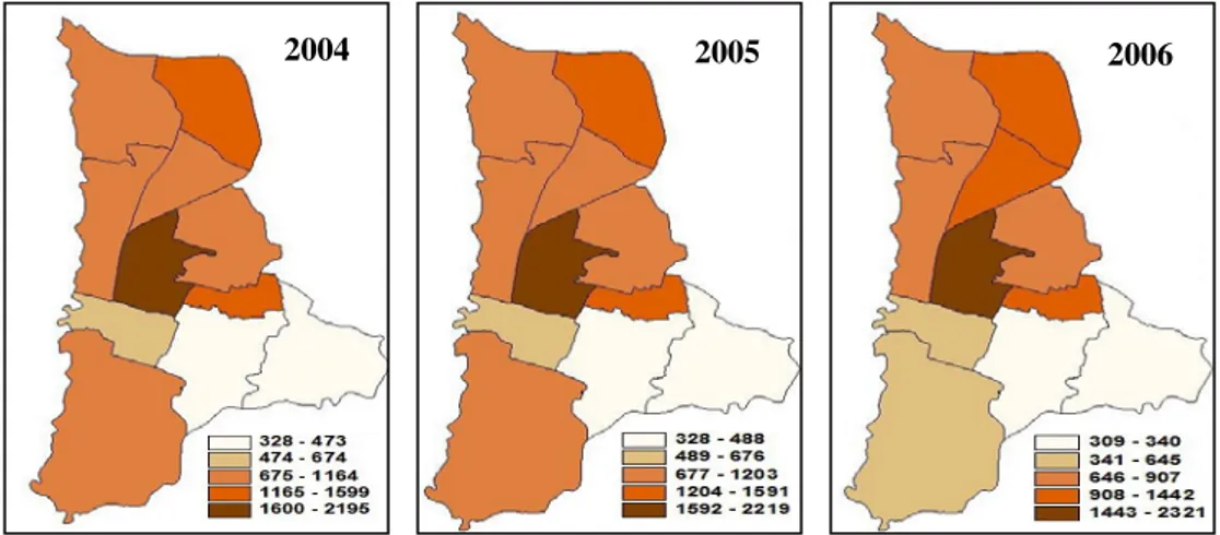 Gambar 1. Perubahan Kepadatan jumlah KK di Kecamatan Banyumanik 2004-2006   (Sumber: Analisis, 2008) 