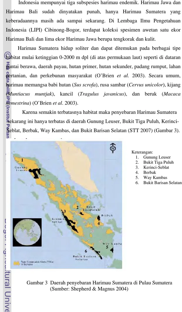Gambar 3  Daerah penyebaran Harimau Sumatera di Pulau Sumatera                          (Sumber: Shepherd &amp; Magnus 2004) 