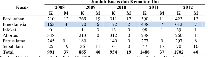 Tabel 1.1 Jumlah Kasus dan Kematian Ibu Terbanyak di Kabupaten Indragiri   Hilir dari Tahun 2008-2012 