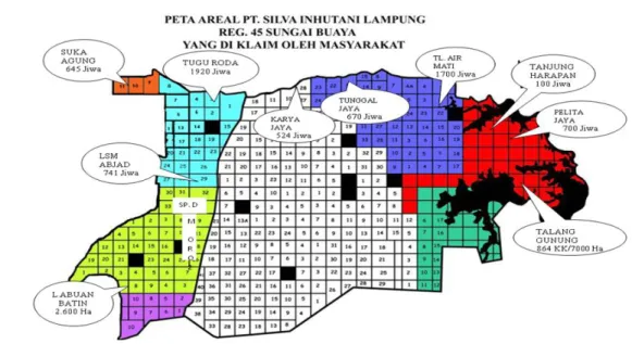 Gambar  I.  Peta  Areal  PT.  Silva  Inhutani  Lampung  Register  45  Sungai  Buaya  Yang  Di  Klaim oleh masyarakat