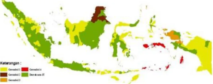 Gambar 6: Peta hasil penggerombolan daerah 3T berdasarkan rasio tenaga  kesehatan 