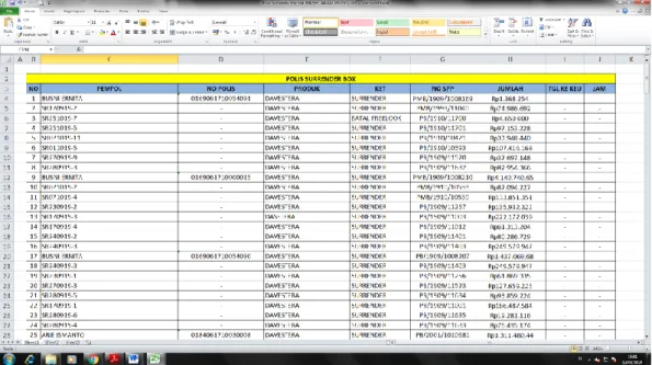 Gambar III. 13 Tampilan tabel input surat putusan Surrender di  Microssoft Excel 