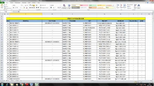 Gambar III. 13 Tampilan tabel input surat putusan Surrender di  Microssoft Excel 
