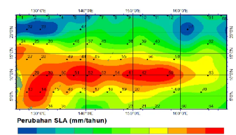Gambar  4. a) Perubahan SLA dari Tahun 1992-2013,  b) Perubahan Tinggi Muka Laut Sterik  Tahun 2000-2013,  c) Perubahan massa lautan dari data satelit GRACE  tahun 