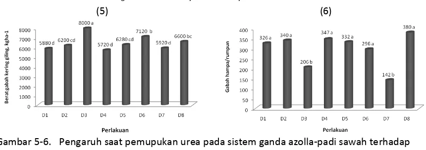 Gambar 5-6.  Pengaruh saat pemupukan urea pada sistem ganda azolla-padi sawah terhadap  Keterangan :  Angka-angka yang diikuti huruf yang sama menunjukkan berbeda tidak nyata pada berat gabah kering giling (5) dan jumlah gabah hampa (6) Uji Duncan 5 % 