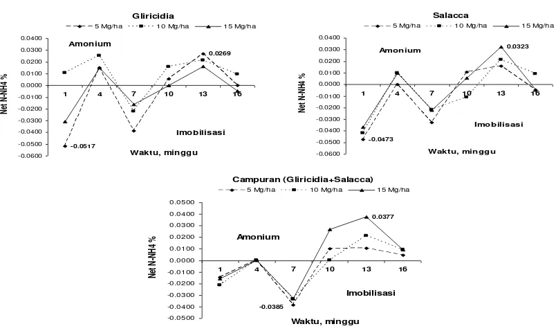 Gambar  7. Grafik Hubungan Net-NH4+ terhadap waktu inkubasi pada seresah Gliricidia maculata, Salacca edulis, campuran 