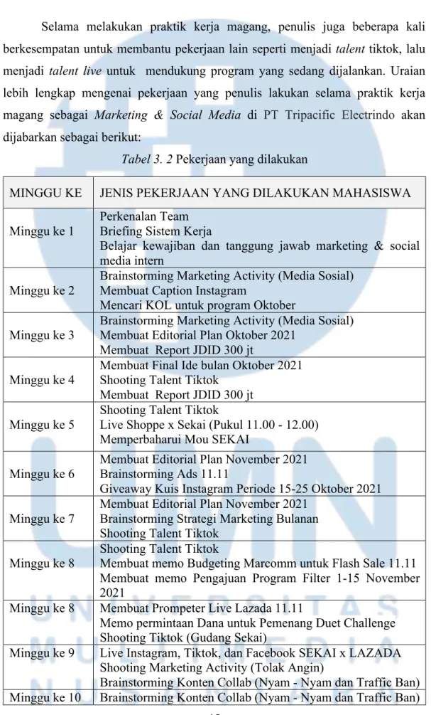 Tabel 3. 2 Pekerjaan yang dilakukan 