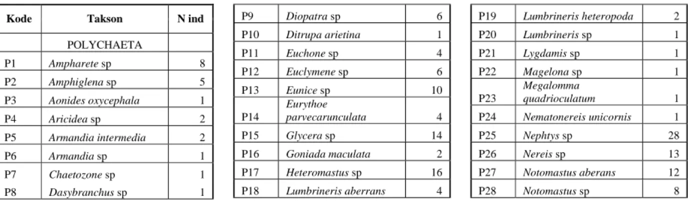 Tabel 2. Komposisi spesies makrozoobentos dan kelimpahannya di semenanjung Minahasa (teluk Buyat, teluk  Totok dan selat Likupang)  