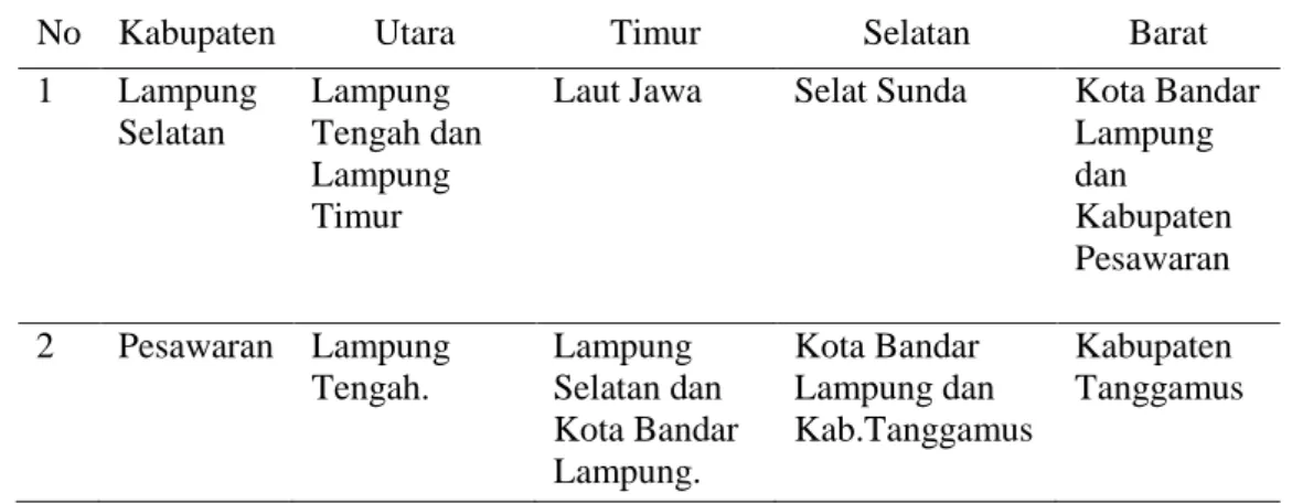 Tabel 4.  Perbatasan wilayah Kabupaten Lampung Selatan dan Kabupaten  Pesawaran Provinsi Lampung 2012