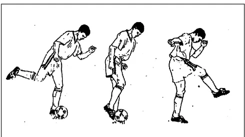 Gambar 5. Menendang dengan punggung kaki (shooting)   (Sucipto dkk, 2000: 20) 