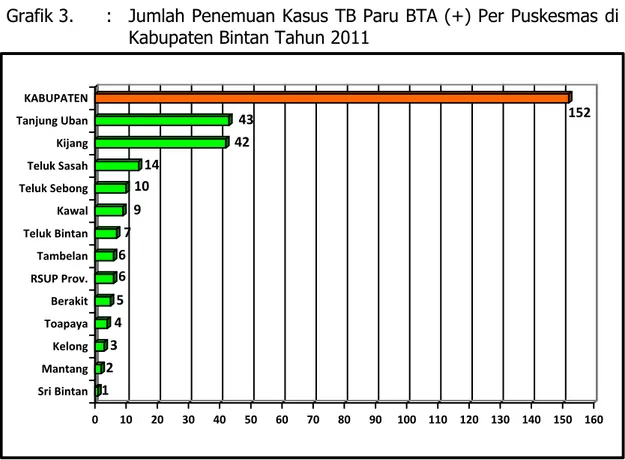 Grafik 3.  :  Jumlah Penemuan Kasus TB Paru BTA (+) Per Puskesmas di  Kabupaten Bintan Tahun 2011 