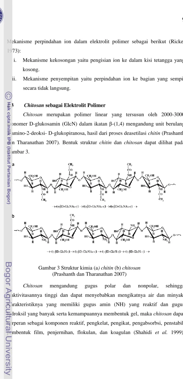 Gambar 3 Struktur kimia (a) chitin (b) chitosan   (Prashanth dan Tharanathan 2007) 