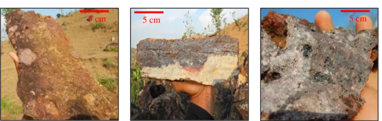 Gambar  18.  Kenampakan  tekstur  (a)  hydrothermal  breccia;  (b)  tekstur  partially  mineralized  vuggy  quartz;  (c)  tekstur totally mineralized vuggy quartz 