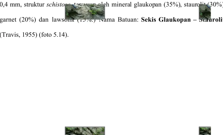 Foto 5.12  Mikrofotograf sekis garnet –  jadeit  STBM14 dengan komposisi mineral glaukopan  (Gln),  lawsonit  (Lws),  garnet  (Grt)  dan  jadeit  (Jdt)  dengan  perbesaran 50x pada  kenampakan nikol silang.