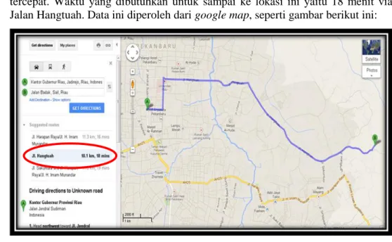 Gambar 8. Waktu dan jarak tempuh dari kantor Gubernur Riau menuju  Jalan Badak via Jalan Hangtuah