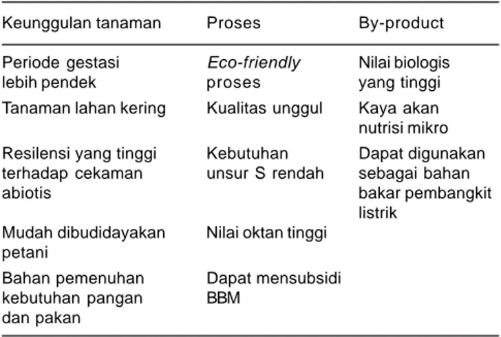 Tabel 1. Klasifikasi keunggulan sorgum sebagai tanaman, proses, dan  by-product.