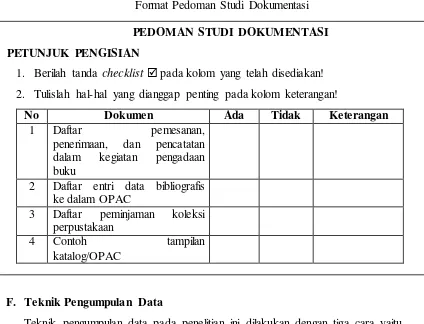 Tabel 3.6 Format Pedoman Studi Dokumentasi 
