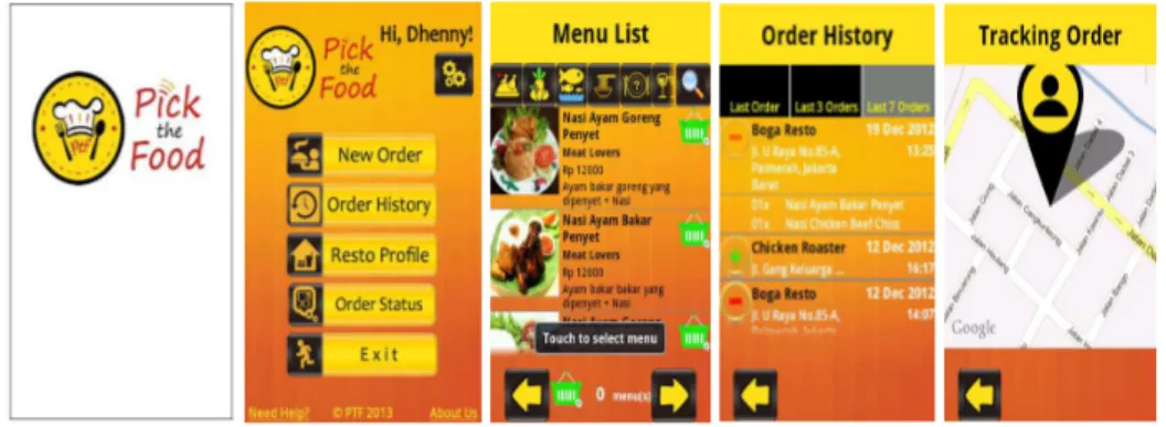 Gambar 4 : Beberapa tampilan layar aplikasi Pick The Food untuk restaurant 