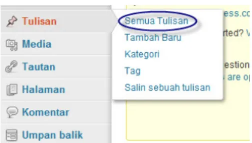 Gambar 26 - Tampilan Menu Tulisan/Posting pada WordPress. 