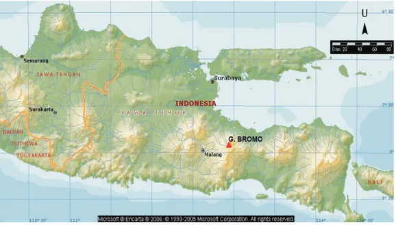 Gambar 1. Peta lokasi Gunung Bromo berada di wilayah Kabupaten Probolinggo, Pasuruan, Malang,  dan Lumajang, Jawa Timur.