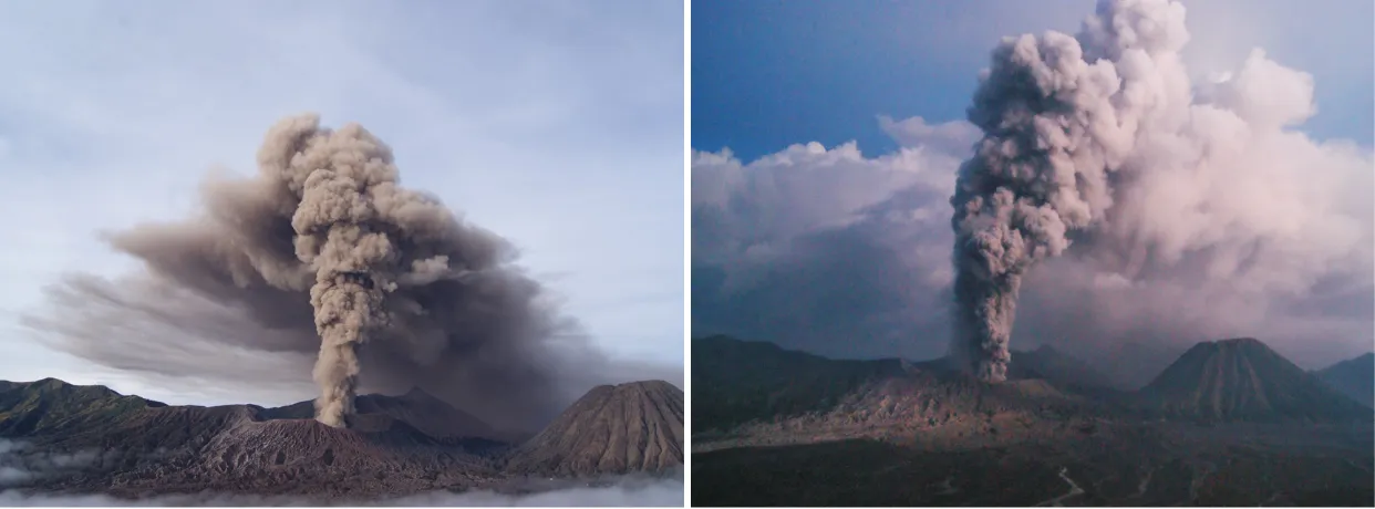 Gambar 6. Erupsi abu Gunung Bromo pada November 2010. Pada saat itu angin bertiup ke arah barat dan  baratlaut dilihat dari arah timur