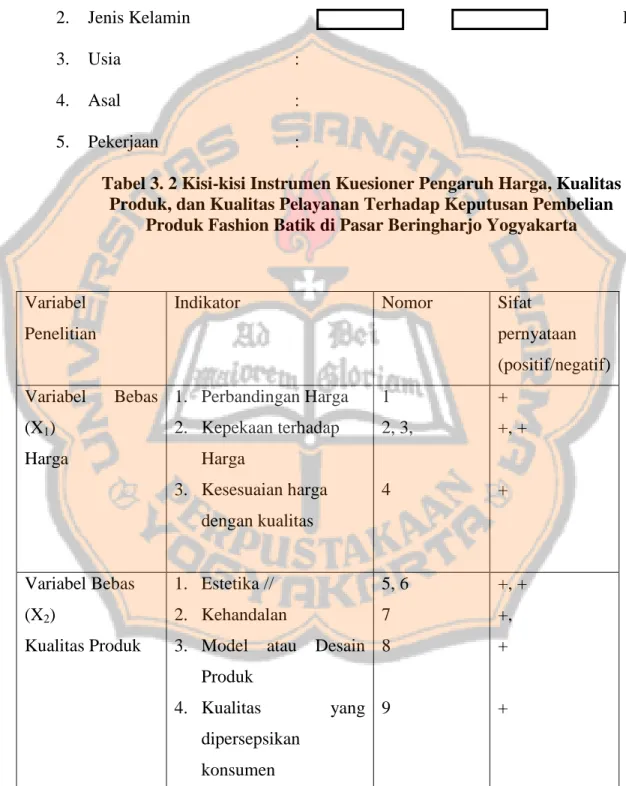 Tabel 3. 2 Kisi-kisi Instrumen Kuesioner Pengaruh Harga, Kualitas  Produk, dan Kualitas Pelayanan Terhadap Keputusan Pembelian 