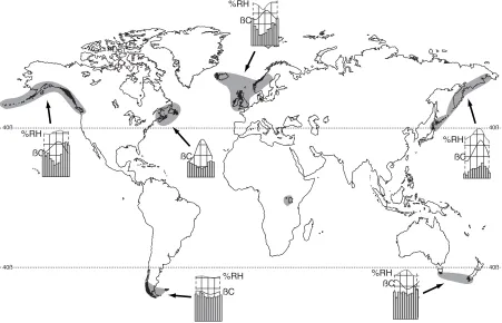 Figure 4.1: Climatically suitable areas for blanket mire formation (shaded). There is a strong 