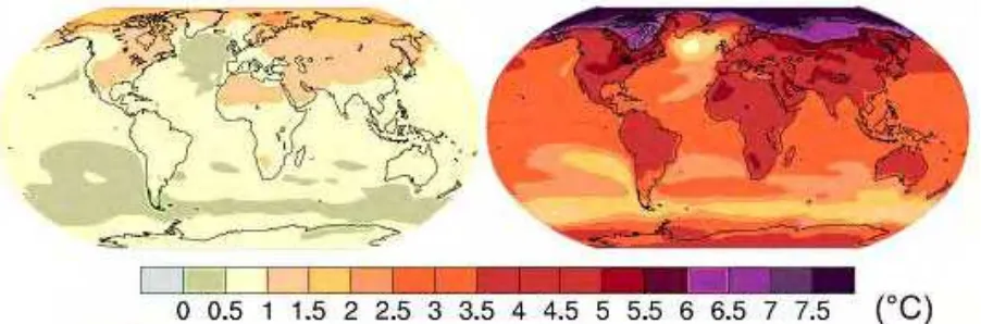 Figure 8.1: Projected changes in temperature in 2020-2029 (left) and 2090-2099 (right) compared to the period 1980-1999, based on the multimodel ensemble for the IPCC A2 emissions scenario