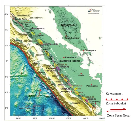 Gambar I.3. Kejadian gempa tektonik di sepanjang Patahan Sumatra (EOS, 2012)  