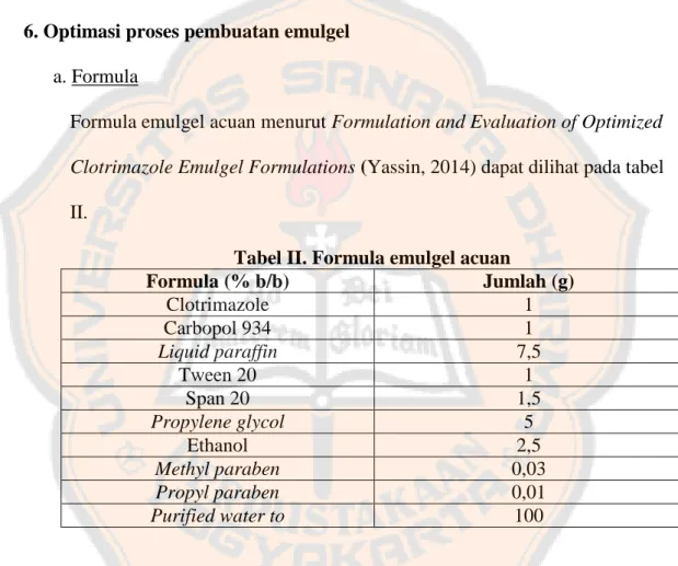Tabel II. Formula emulgel acuan 