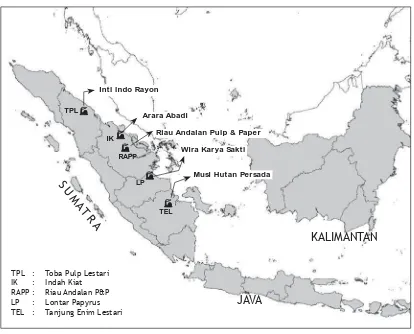 Gambar 1. Lokasi lima perusahaan perkebunan bubur kayu yang termasuk di dalam studi