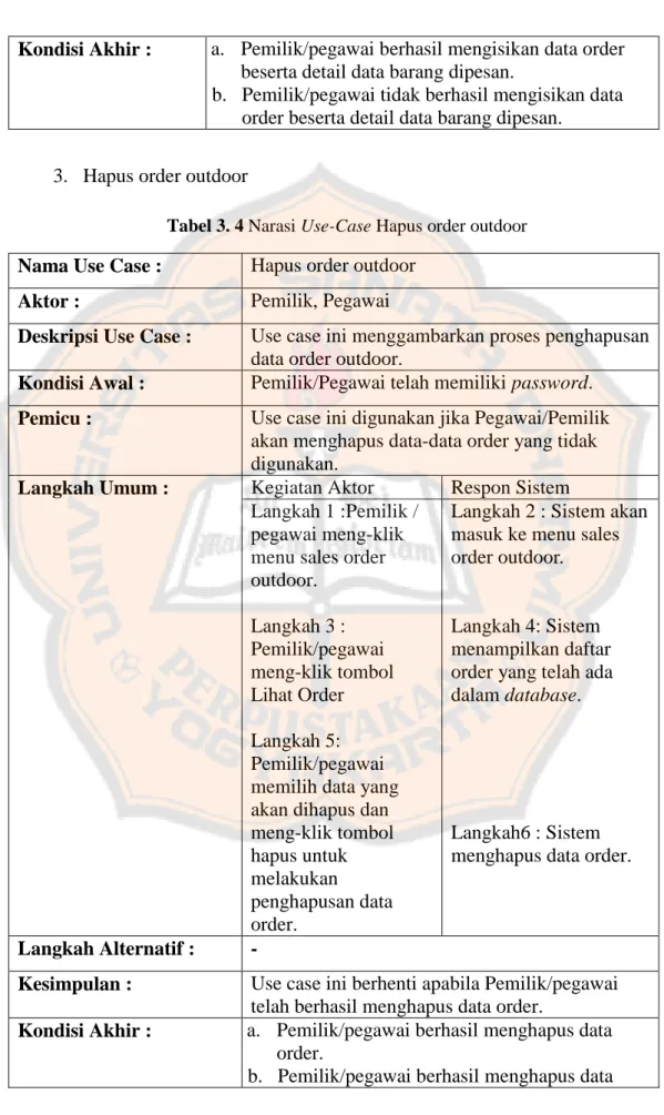 Tabel 3. 4 Narasi Use-Case Hapus order outdoor  Nama Use Case :  Hapus order outdoor 