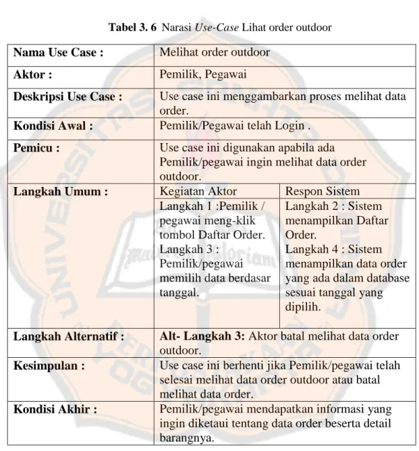 Tabel 3. 6  Narasi Use-Case Lihat order outdoor  Nama Use Case :  Melihat order outdoor 
