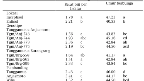 Tabel 3. Rata – rata berat biji per hektar (ton)  dan umur berbunga (hari) 
